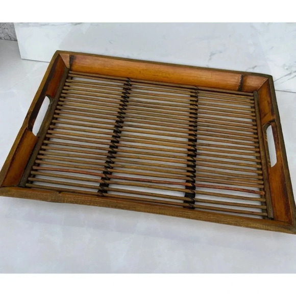 Large Bamboo Rattan Tray Sturdy Heavy Duty Handcrafted with Handles Matte Brown - Picture 1 of 8
